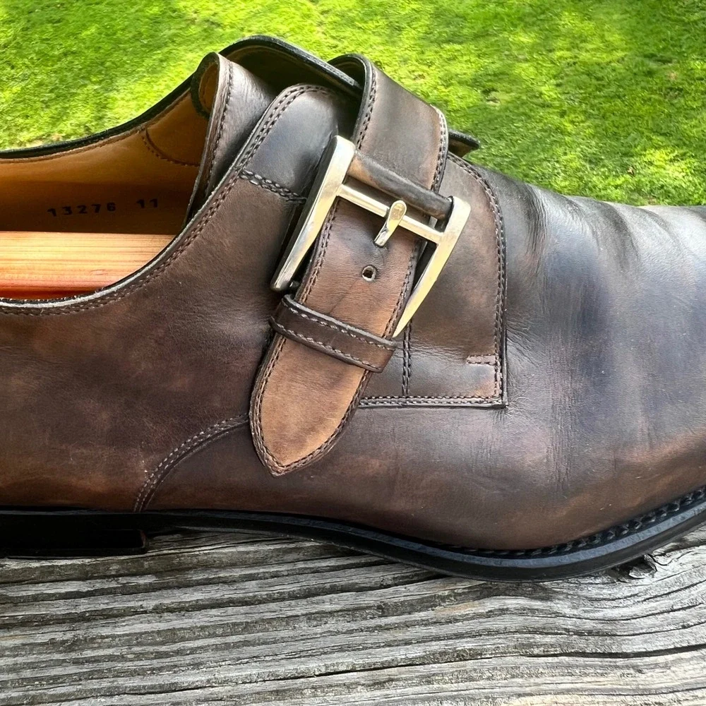 Magnanni Monk Strap Shoes 11 Brown Leather Patina Dress Luxury Dark Academia